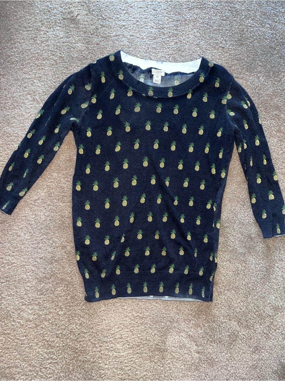 J. Crew Navy Blue 3/4 Sleeve Sweater with Pineapple Print